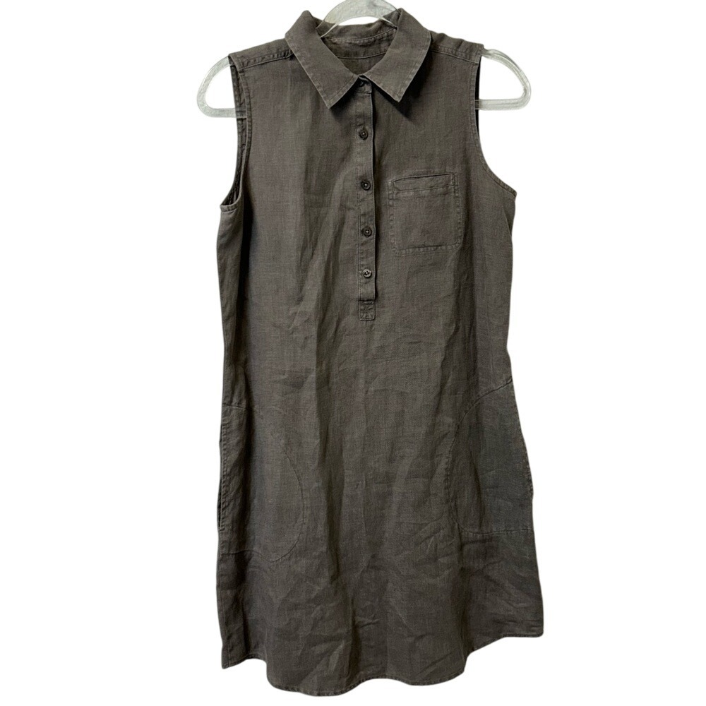 J. Jill‎ Sleeveless Collared 100% Linen Brown Dress Lightweight Pockets Size XS